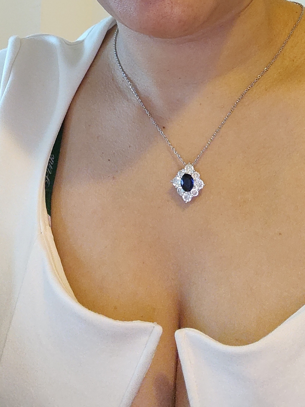 Silver Blue Sapphire Style Pendant Necklace | Halo Oval Stone | Bridal,18 Inches